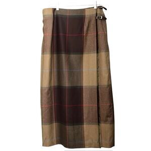 TALBOTS SHADES OF BROWN BLUE RED PLAID 100% WOOL LONG WRAP SKIRT SIZE 14